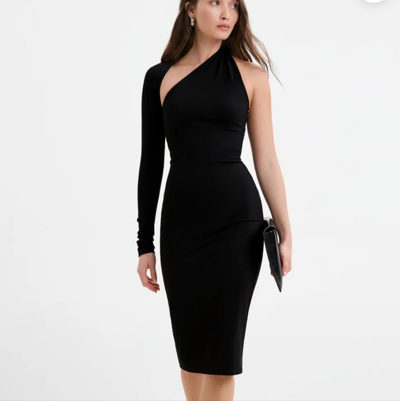 Marcella Women's Black Manhattan One Shoulder Sleeve Midi Dress Side Zip Size M. - Picture 3 of 11